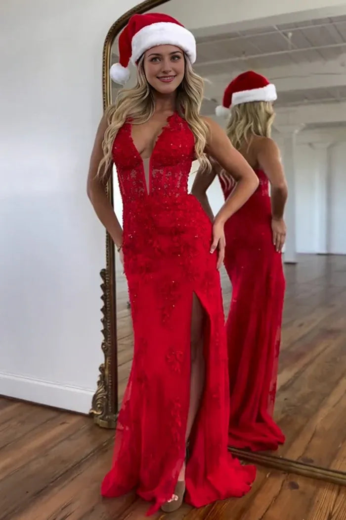 Weitese Dress Red Sleevelsss Mermaid Deep V-Neck Lace Prom Dress With Appliques Split